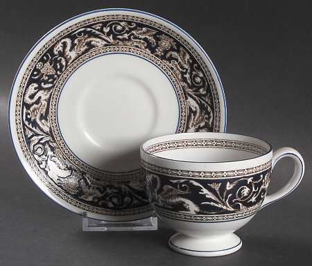 Florentine Dark Blue Rim (No Center Design) Leigh Shape Footed Cup & Saucer Set