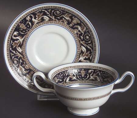 Florentine Dark Blue Rim (No Center Design) Footed Cream Soup Bowl & Saucer Set
