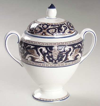 Florentine Dark Blue Rim (No Center Design) Globe Shape Sugar Bowl & Lid