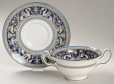 Florentine Blue (No Center Design, Black Trim) Footed Cream Soup Bowl & Saucer Set