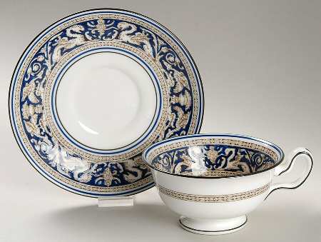 Florentine Blue (No Center Design, Black Trim) Footed Cup & Saucer Set