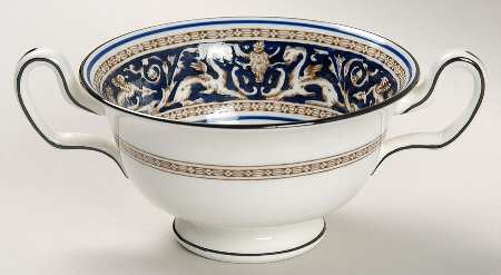 Florentine Blue (No Center Design, Black Trim) Footed Cream Soup Bowl