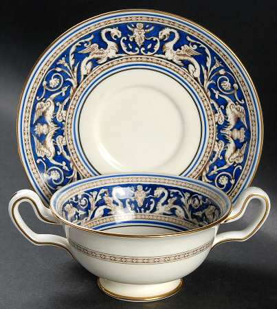 Florentine Blue (No Center Design, Gold Trim) Footed Cream Soup Bowl & Saucer Set