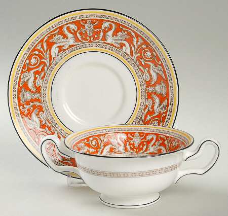 Florentine Orange (No Center Design, White) Footed Cream Soup Bowl & Saucer Set