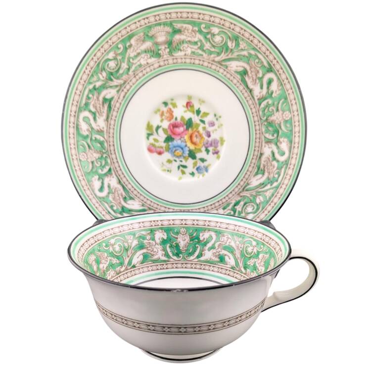 Florentine Green Rim (No Center Design, White) Footed Cup & Saucer Set