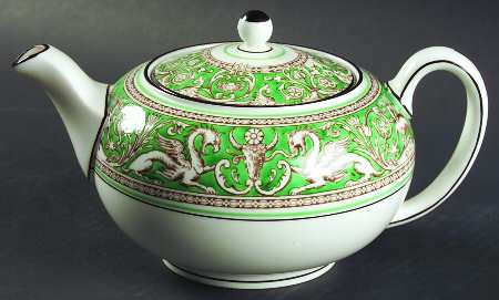 Florentine Green Rim (No Center Design, White) Teapot & Lid