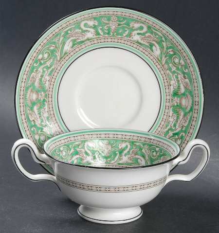 Florentine Green Rim (No Center Design, White) Footed Bouillon Cup & Saucer