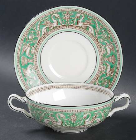 Florentine Green Rim (No Center Design, White) Footed Cream Soup Bowl & Saucer Set