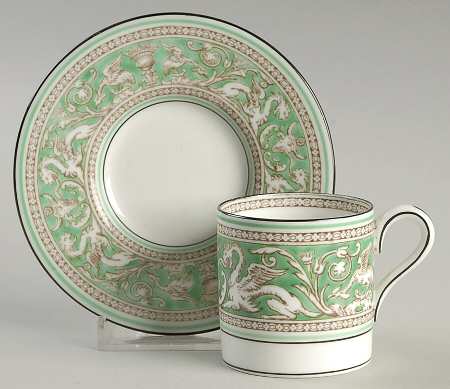 Florentine Green Rim (No Center Design, White) Bond Shape Demitasse Cup and Saucer Set