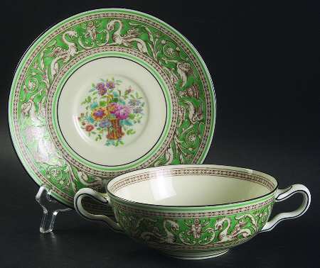 Florentine Green (Flower Basket Center) Flat Cream Soup Bowl & Saucer Set