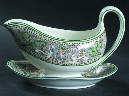 Florentine Gray and Green (No Center Design) Gravy Boat with Attached Underplate