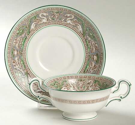 Florentine Gray and Green (No Center Design) Footed Bouillon Cup & Saucer
