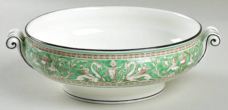 Florentine Green Rim (Floral Center, White Body) Round Vegetable No Lid