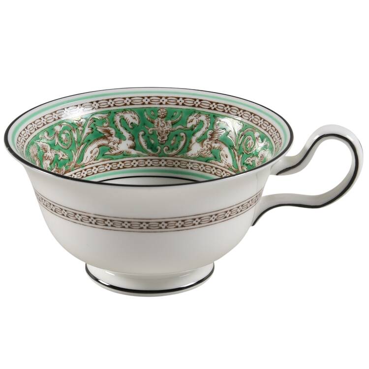 Florentine Green Rim (Floral Center, White Body) Peony Shape Footed Cup
