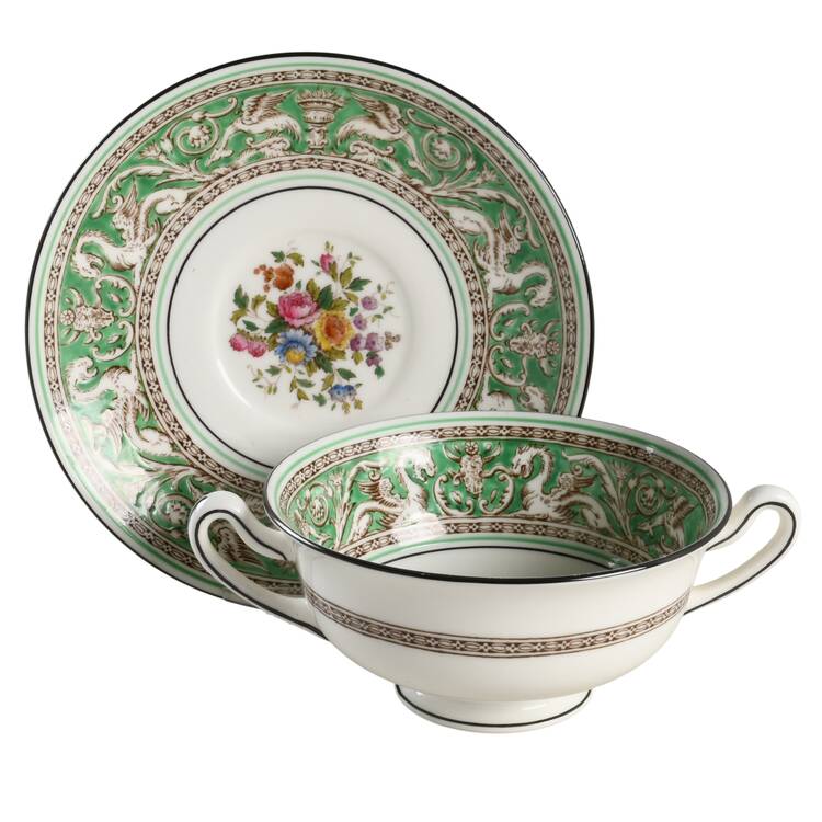 Florentine Green Rim (Floral Center, White Body) Footed Cream Soup Bowl & Saucer Set by Wedgwood