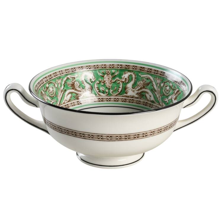 Florentine Green Rim (Floral Center, White Body) Footed Cream Soup Bowl