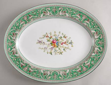 Florentine Green Rim (Floral Center, White Body) 17" Oval Serving Platter