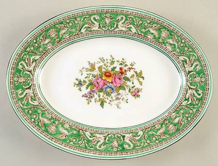 Florentine Green Rim (Floral Center, White Body) 11" Oval Serving Platter