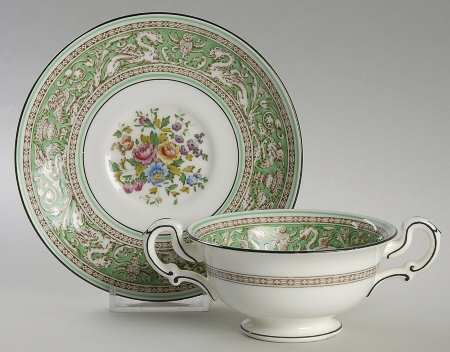 Florentine Green Rim (Floral Center, White Body) Footed Bouillon Cup & Saucer
