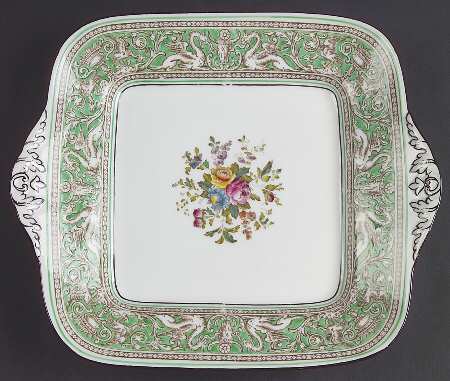 Florentine Green Rim (Floral Center, White Body) Square Handled Cake Plate