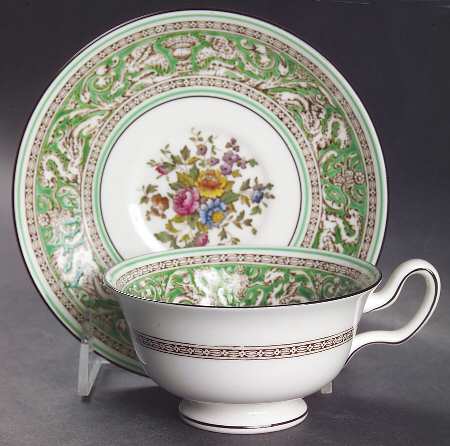 Florentine Green Rim (Floral Center, White Body) Peony Shape Footed Cup & Saucer Set