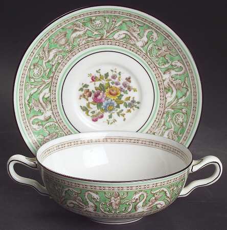 Florentine Green Rim (Floral Center, White Body) Flat Cream Soup Bowl & Saucer Set