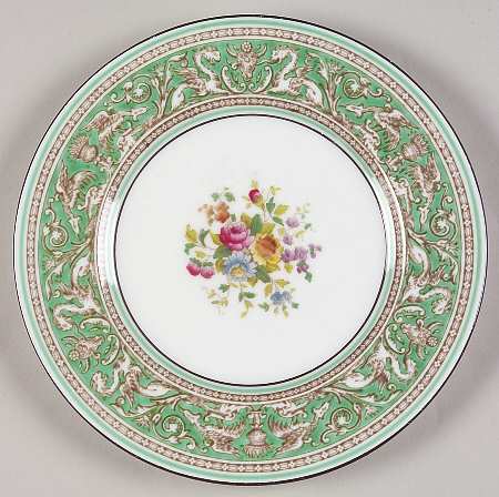 Florentine Green Rim (Floral Center, White Body) Dessert/Pie Plate