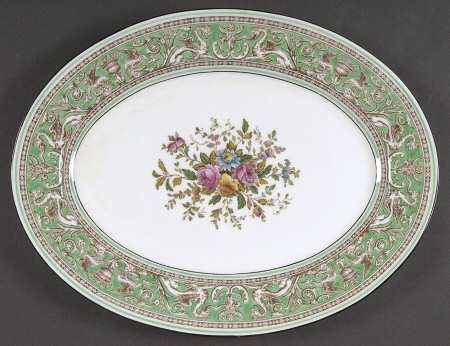 Florentine Green Rim (Floral Center, White Body) 13" Oval Serving Platter