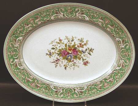 Florentine Green Rim (Floral Center, White Body) 15" Oval Serving Platter