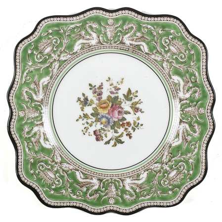 Florentine Green Rim (Floral Center, White Body) Square Salad Plate