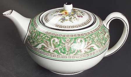 Florentine Green Rim (Floral Center, White Body) Teapot & Lid
