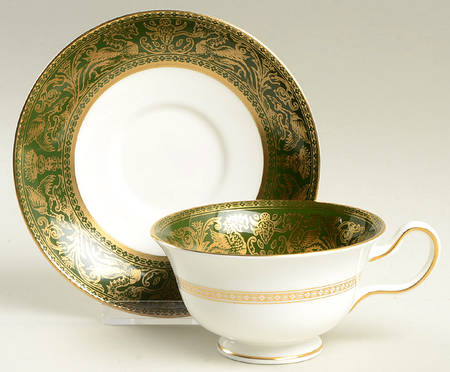 Florentine Dark Green Rim (No Floral Center) Peony Shape Footed Cup & Saucer Set