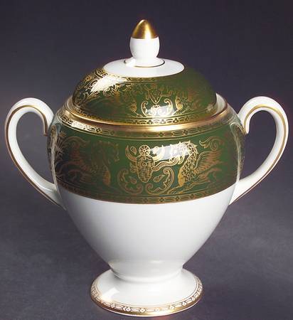Florentine Dark Green Rim (No Floral Center) Globe Shape Sugar Bowl & Lid