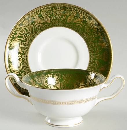 Florentine Dark Green Rim (No Floral Center) Footed Cream Soup Bowl & Saucer Set