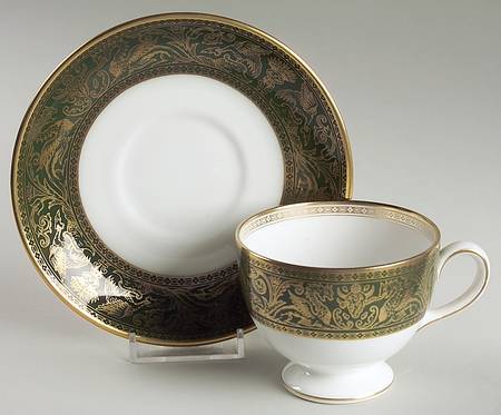 Florentine Dark Green Rim (No Floral Center) Leigh Shape Footed Cup & Saucer Set
