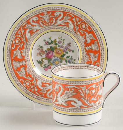 Florentine Coral (Red Flower Center) Flat Demitasse Cup & Saucer Set