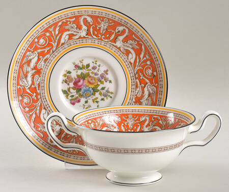 Florentine Coral (Red Flower Center) Footed Cream Soup Bowl & Saucer Set