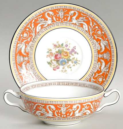 Florentine Coral (Red Flower Center) Flat Cream Soup Bowl & Saucer Set