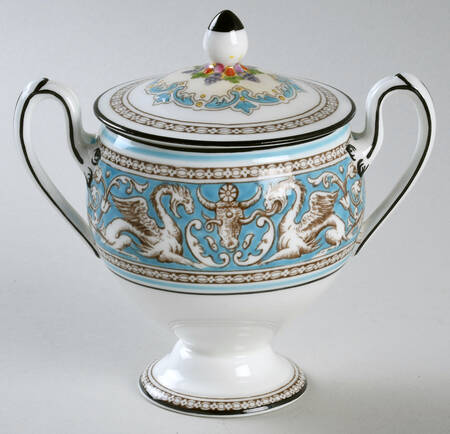 Florentine Turquoise Rim (Fruit Center, White Body) Globe Shape Sugar Bowl & Lid