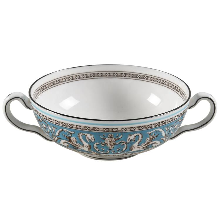 Florentine Turquoise Rim (Fruit Center, White Body) Flat Cream Soup Bowl