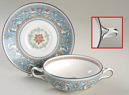 Florentine Turquoise Rim (Fruit Center, White Body) Flat Cream Soup Bowl & Saucer Set
