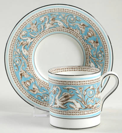 Florentine Turquoise Rim (No Center, White Body) Bond Shape Demitasse Cup and Saucer Set
