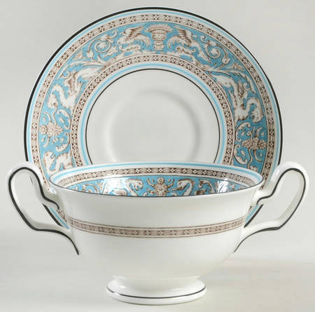 Florentine Turquoise Rim (No Center, White Body) Footed Cream Soup Bowl & Saucer Set