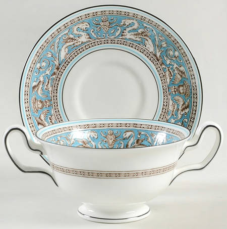 Florentine Turquoise Rim (No Center, White Body) Footed Cream Soup Bowl