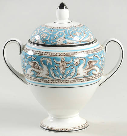 Florentine Turquoise Rim (No Center, White Body) Globe Shape Sugar Bowl & Lid