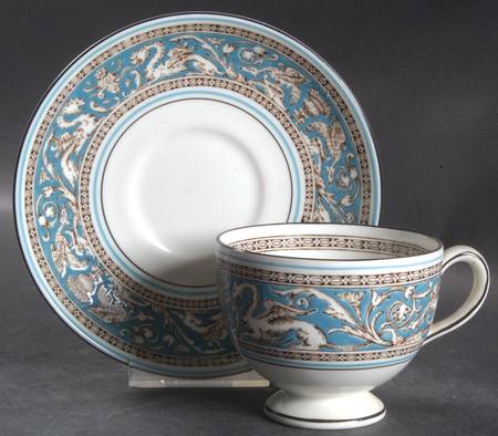 Florentine Turquoise Rim (No Center, White Body) Leigh Shape Footed Cup & Saucer Set