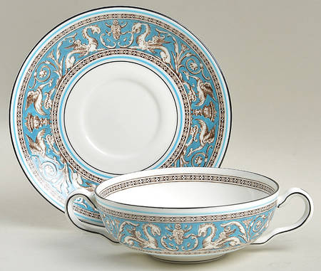 Florentine Turquoise Rim (No Center, White Body) Flat Cream Soup Bowl & Saucer Set