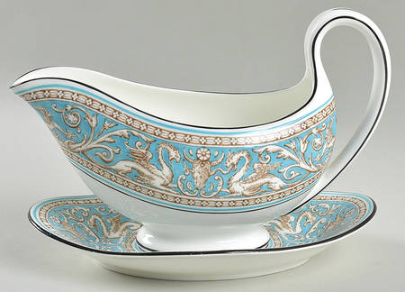 Florentine Turquoise Rim (No Center, White Body) Gravy Boat & Underplate