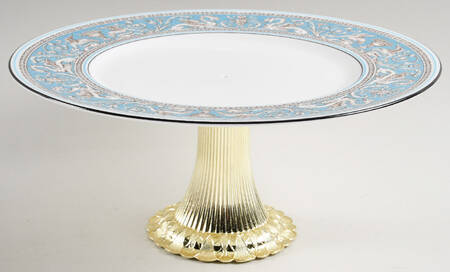 Florentine Turquoise Rim (No Center, White Body) Cake Stand with 4"-5" Metal Pedestal  Hc