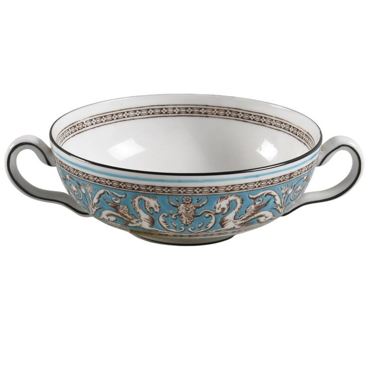 Florentine Turquoise Rim (No Center, White Body) Flat Cream Soup Bowl